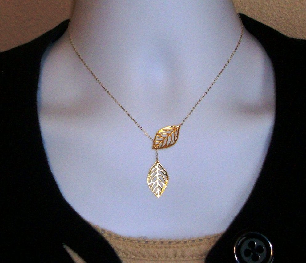 Set of Four - Leaf Lariat Necklace - Gold Leaf Lariat, gold, yellow, Gold filled Leaf Lariat Necklace, Valentines Day, Bridesmaid Gifts,