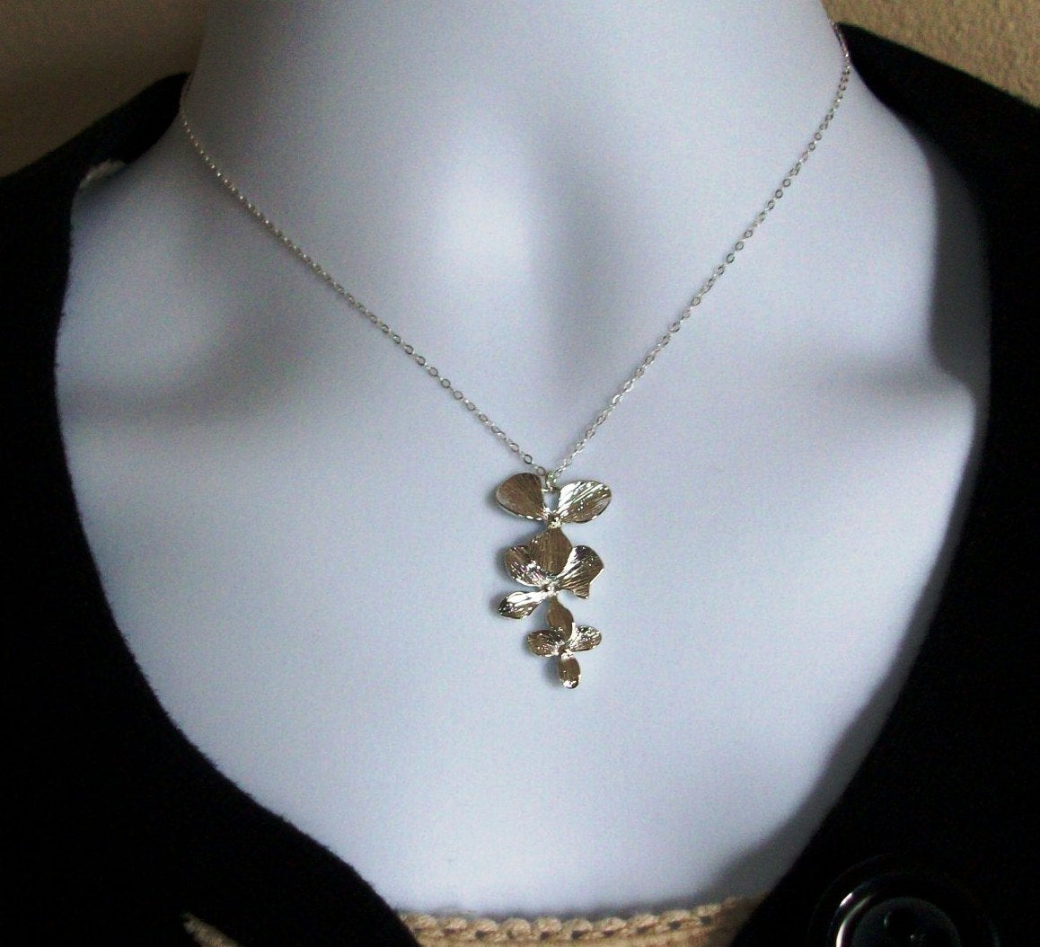 Orchid Necklace - Sideways Orchid Necklace, Silver Flower Necklace, Sterling Silver Necklace, bridesmaid gifts, weddings, grey,silver,white