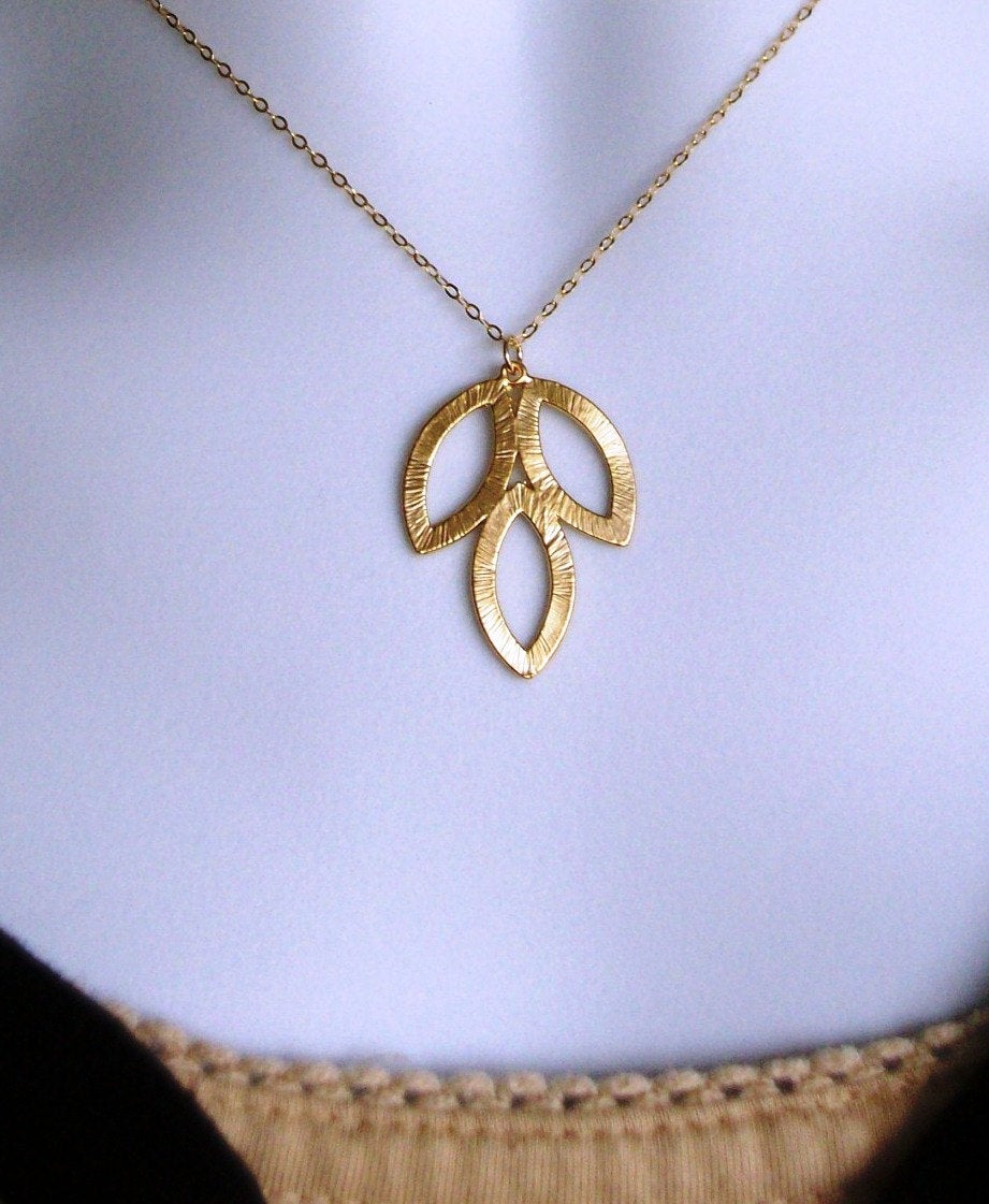 Triple Leaf Necklace - Gold Triple Leaf Pendant Necklace, gold, yellow, Valentines Day, Bridesmaid Gifts, Weddings, Bridal