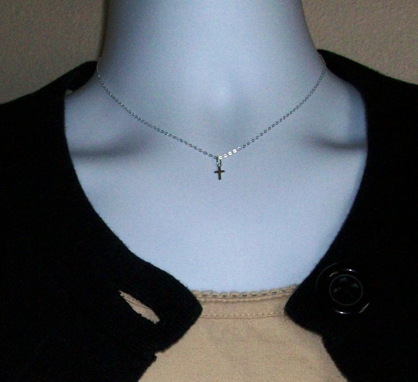 Tiny Cross Necklace - Sterling Silver and Tiny Cross Necklace, Sterling Silver Cross, grey, white, silver, Bridesmaid Gift, Wedding