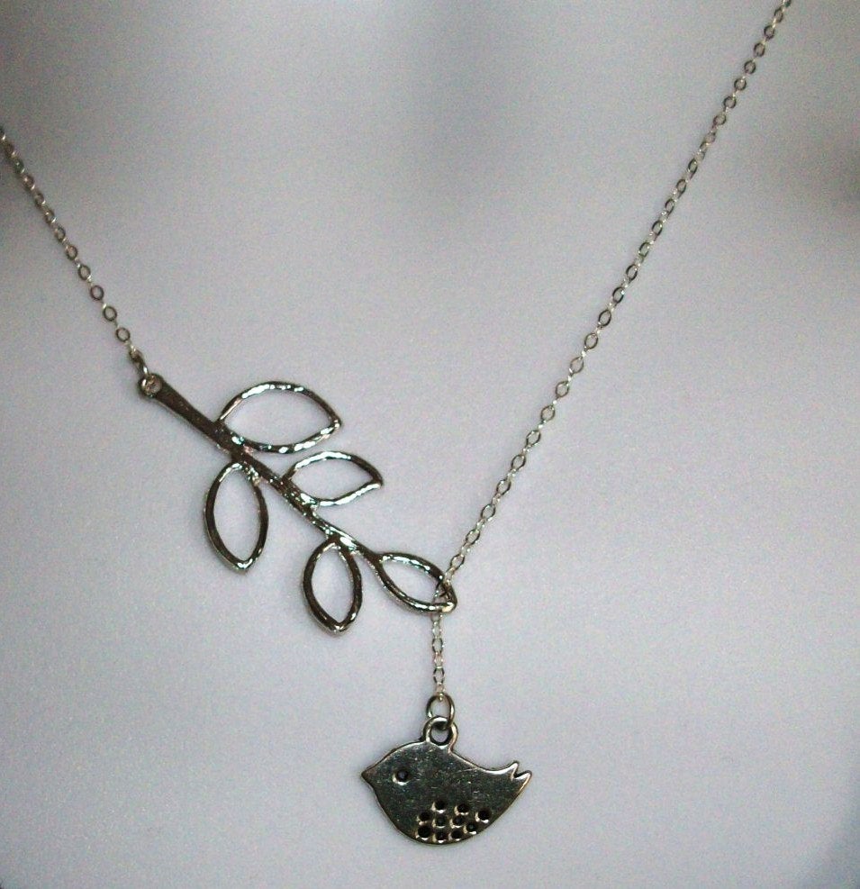 Sterling Silver Lariat Necklace with Rhodium Plated Five Leaf Branch and Rhodium Plated Bird Necklace, Bridesmaid Gift, Wedding Present