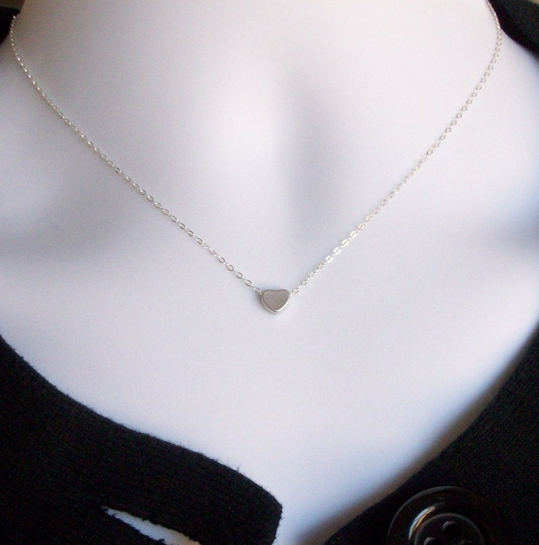 Silver Heart Necklace - Tiny Silver Heart Necklace, Sterling Silver Necklace, bridesmaid gifts, grey, white, silver, Mothers Day