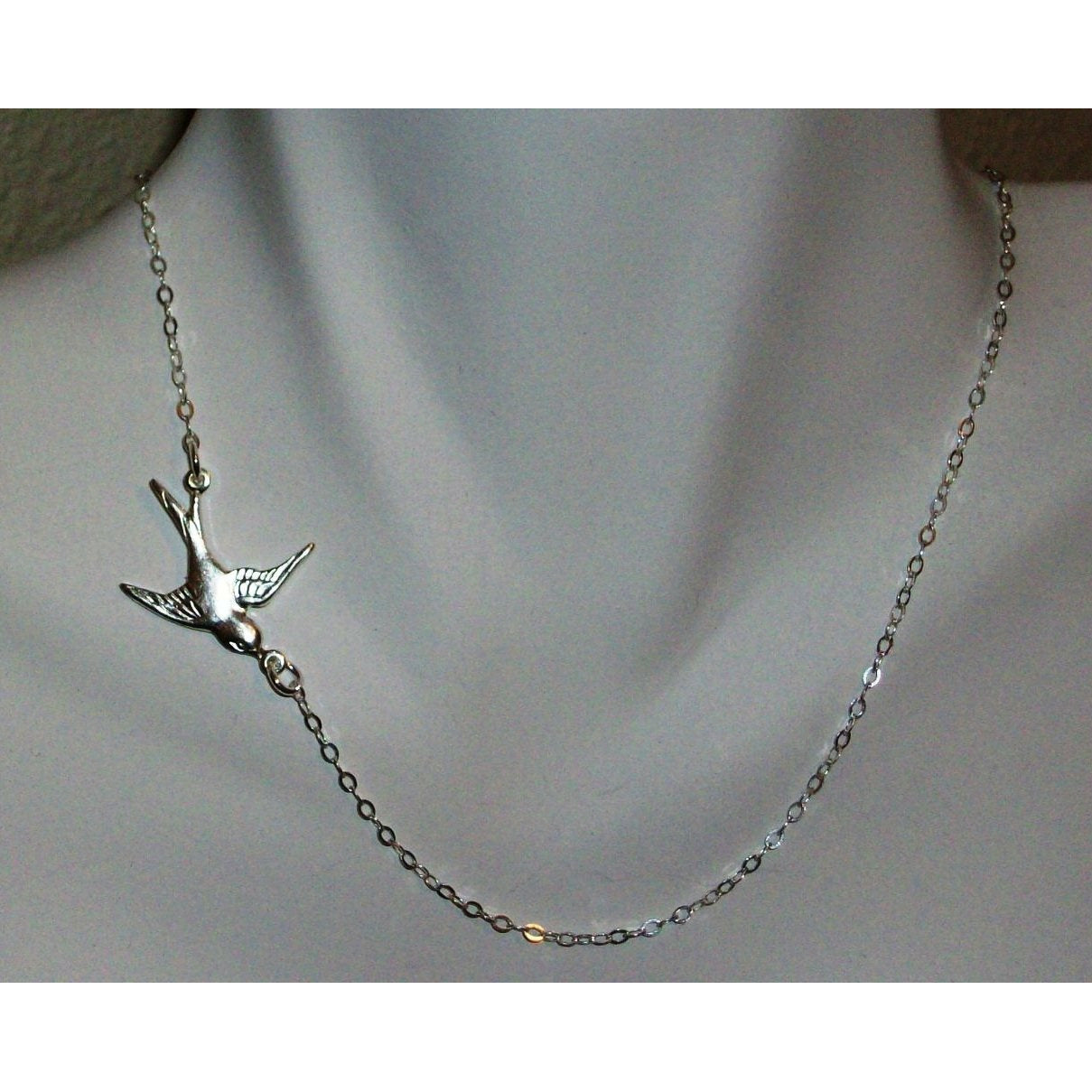 Bird Necklace, Sparrow Necklace, Sterling Silver Necklace, Sideways Fly Away Silver Bird Necklace, Bridesmaid Gift, Wedding, grey, white