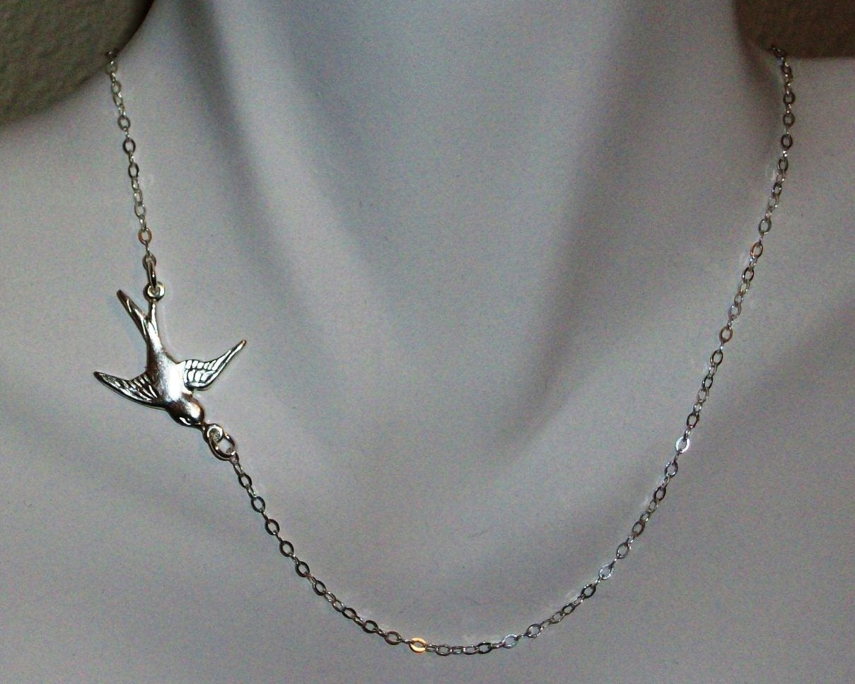 Set of Four-Bird Necklace, Sparrow Necklace, Sterling Silver Necklace, Sideways Fly Away Silver Bird Necklace, Bridesmaid Gift, Wedding