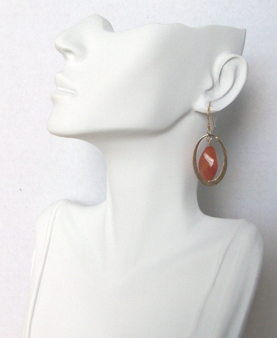 Dangle Earrings, Gold Earrings, OOAK Red Rose Quartz and Gold Filled Dangle Hoop Earrings, Wedding Present, Mothers Day