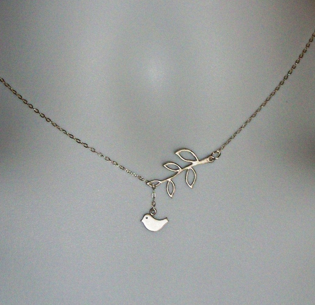Tiny Lariat Necklace, Sterling Silver Lariat Necklace with Rhodium Plated Branch and Rhodium Plated Tiny Bird Necklace, Bridesmaid Gift,