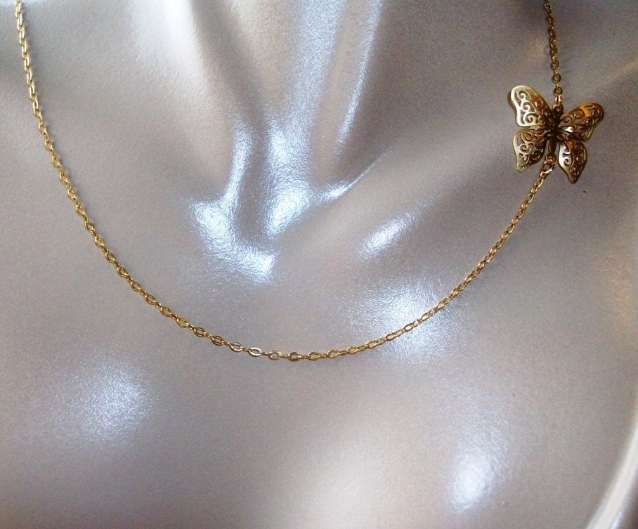 Gold Sideways Butterfly Necklace