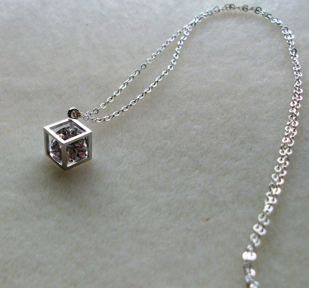 Sterling Silver Cube Necklace - Tiny Silver 3d Cubic with Crystal Necklace, Sterling Silver Necklace, Geometric Necklace, 3d necklace