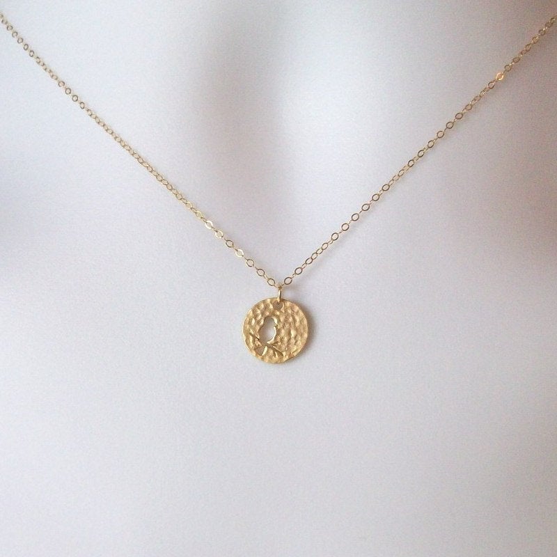 Set of Four Gold Disc Necklaces, Bird on Branch Disc Charm Necklace, Tiny Gold Filled Hammered Disc with Bird on Branch Cutout Necklace
