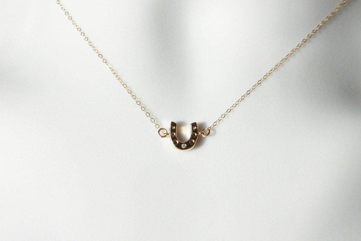 Tiny Horseshoe Necklace - Tiny Gold Horseshoe with Cubic Zirconia Necklace - Good Luck Necklace - Christmas Gift
