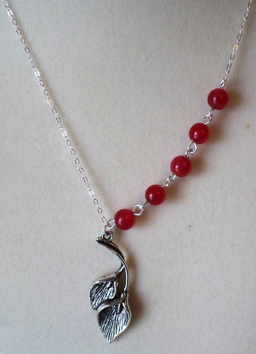 Sterling Silver Red Jade and Calla Lily Pendant Necklace - Gemstone Necklace - Calla Lily Necklace