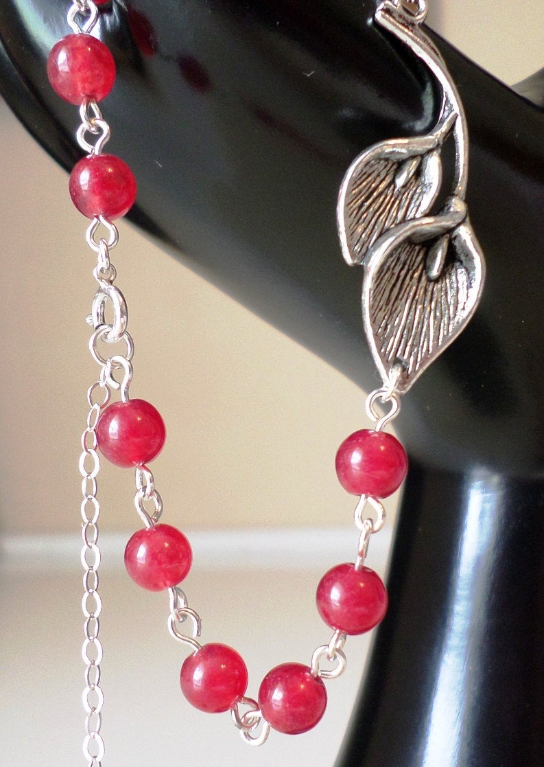 Sterling Silver Red Jade and Calla Lily Pendant Bracelet - Gemstone Bracelet - Calla Lily Bracelet