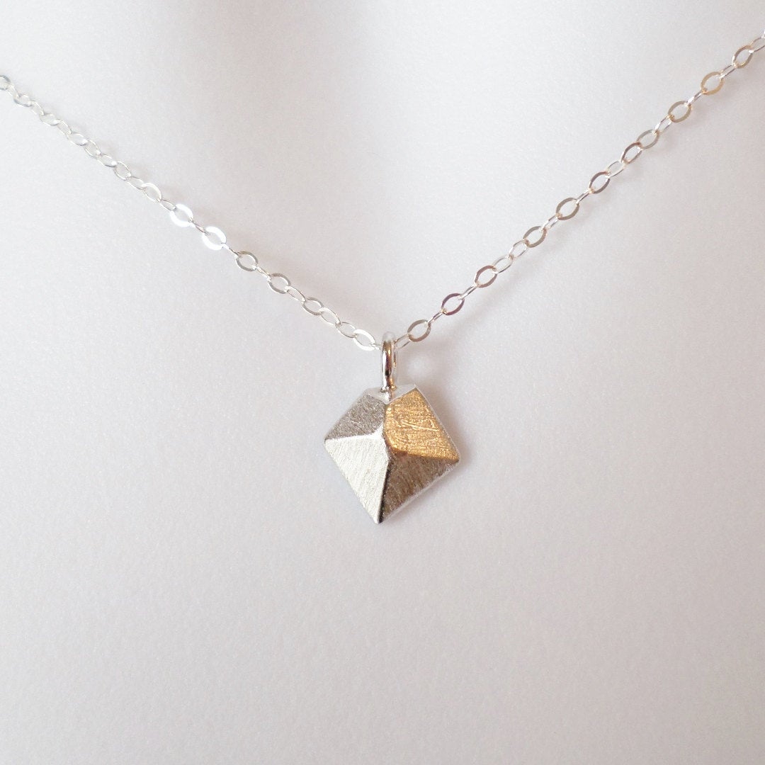 Silver triangle Necklace - 3d geometric triangle necklace, Sterling Silver Necklace, bridesmaid gifts, grey, white, silver, Christmas Gift