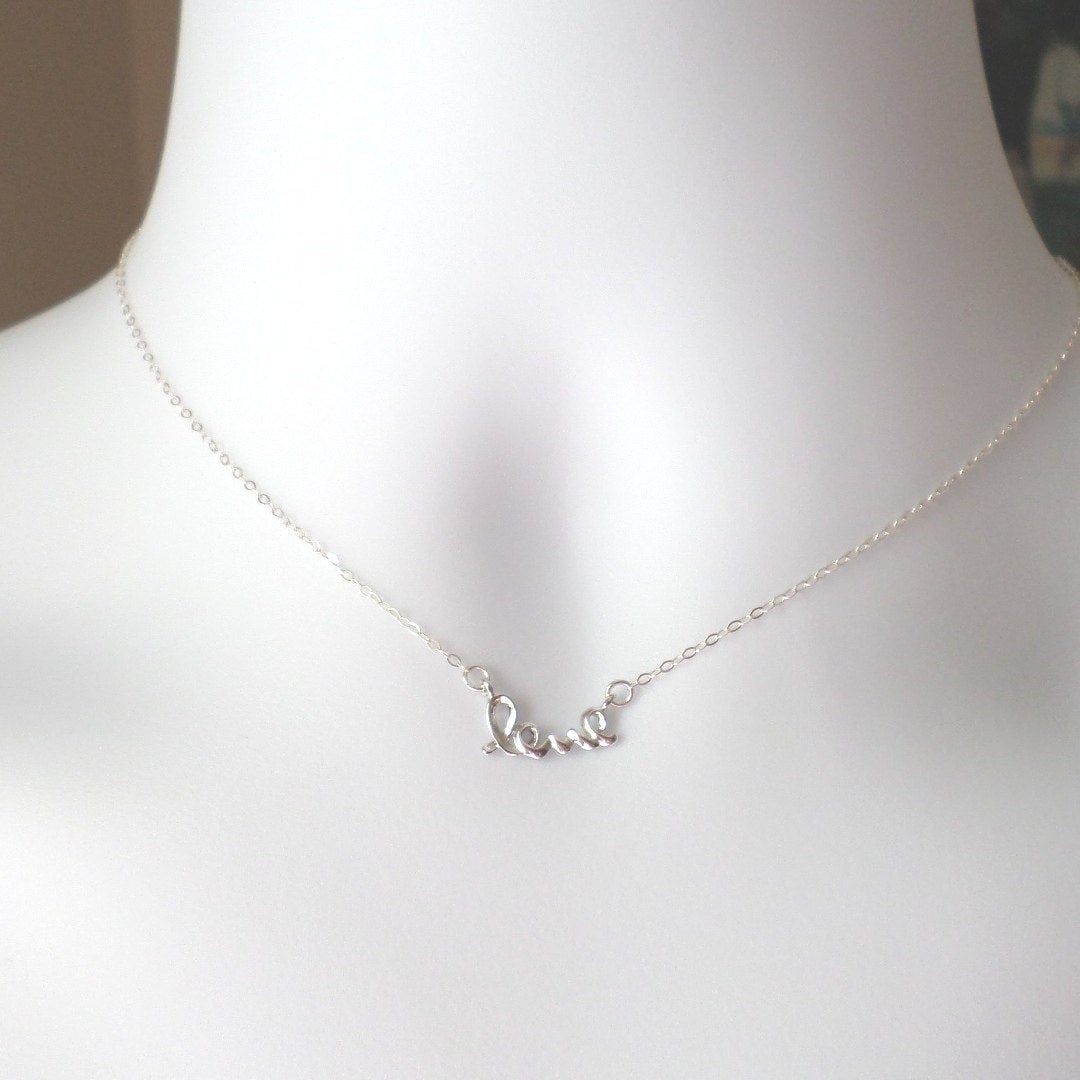 Tiny Cursive Love Necklace - Silver Cursive Love Necklace, Sterling Silver Necklace, Word necklace, Christmas Gift