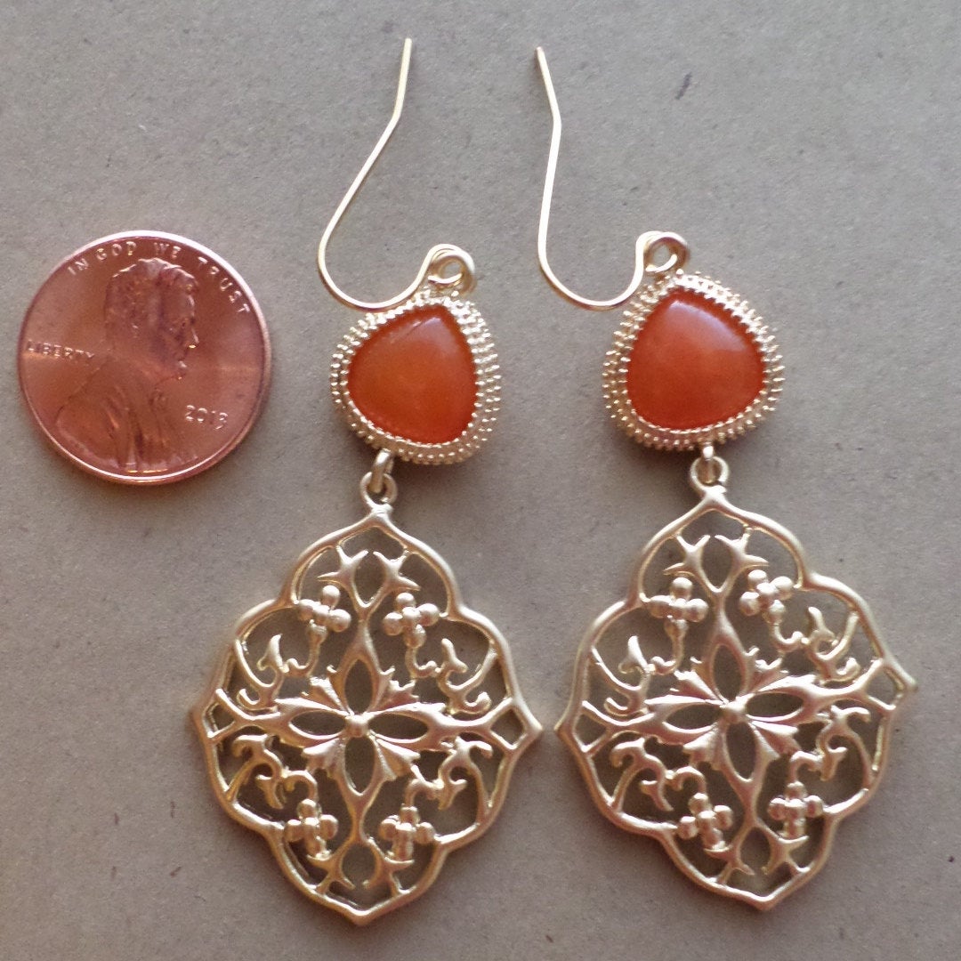 ONLY ONE AVAILABLE - Orange and Gold Chandelier Earrings - Orange Glass Framed Bead Earrings - Gold Earrings - Christmas Gift