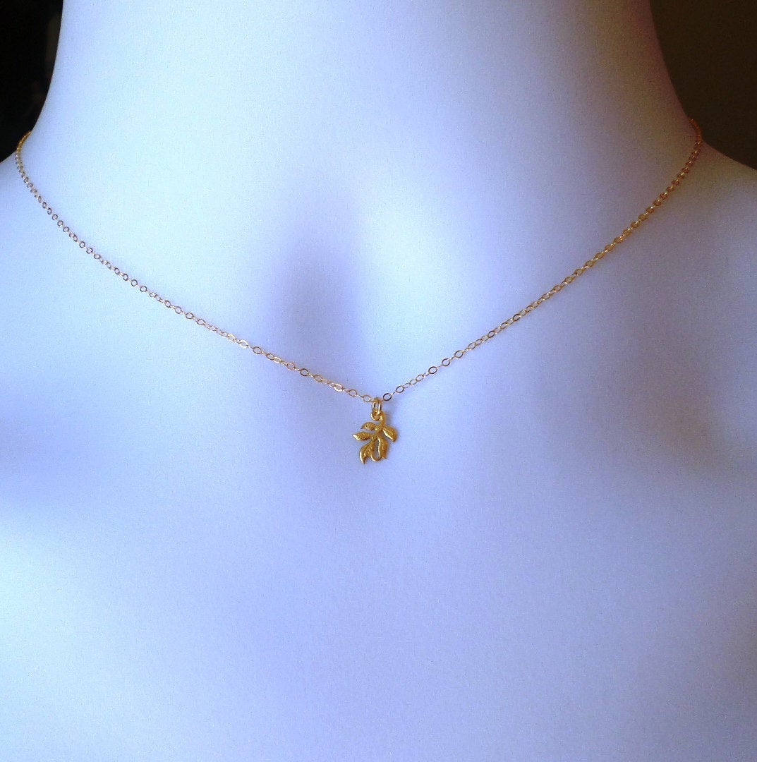 Tiny Gold Leaf Necklace - Gold Leaf Necklace - Leafy Necklace, Gold Filled Necklace, bridesmaid gifts, yellow, Wedding, Christmas Gift