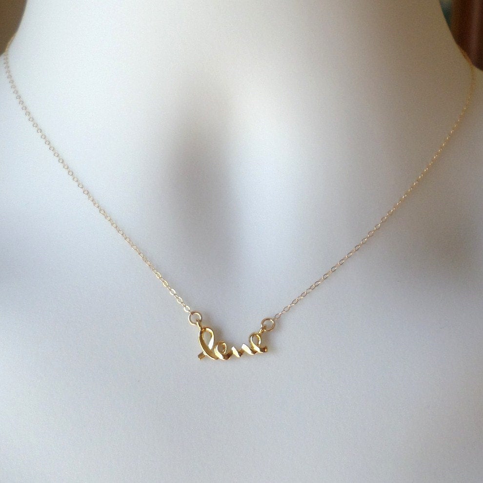 Tiny Gold Cursive Love Necklace - Gold Cursive Love Word Necklace - Bridesmaid Gifts - Christmas Gifts