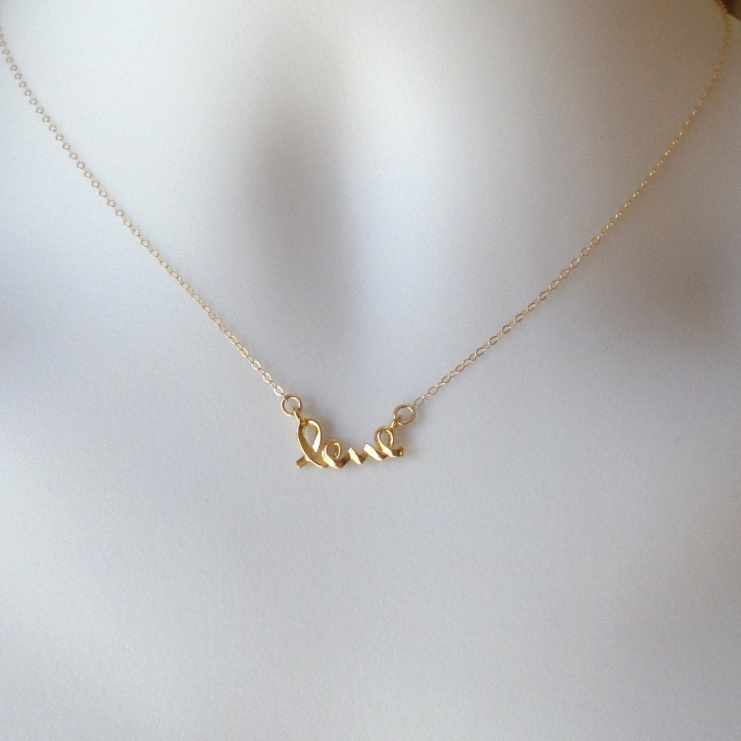 Tiny Gold Cursive Love Necklace - Gold Cursive Love Word Necklace - Bridesmaid Gifts - Christmas Gifts