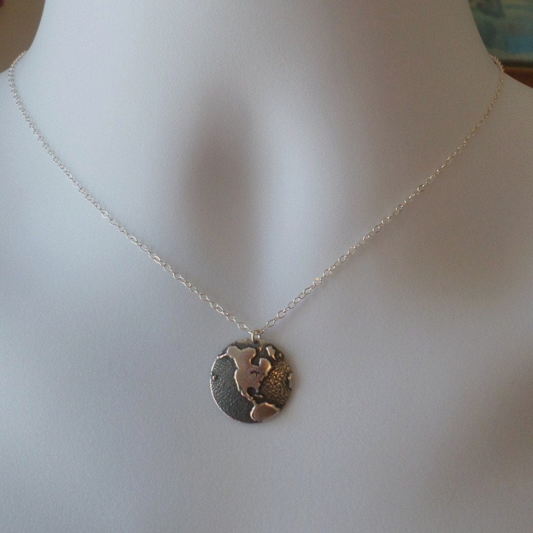 Silver Globe Necklace - Silver Round 1/2 Globe Charm Necklace - United States Silver Necklace - Earth Necklace - Christmas Gifts