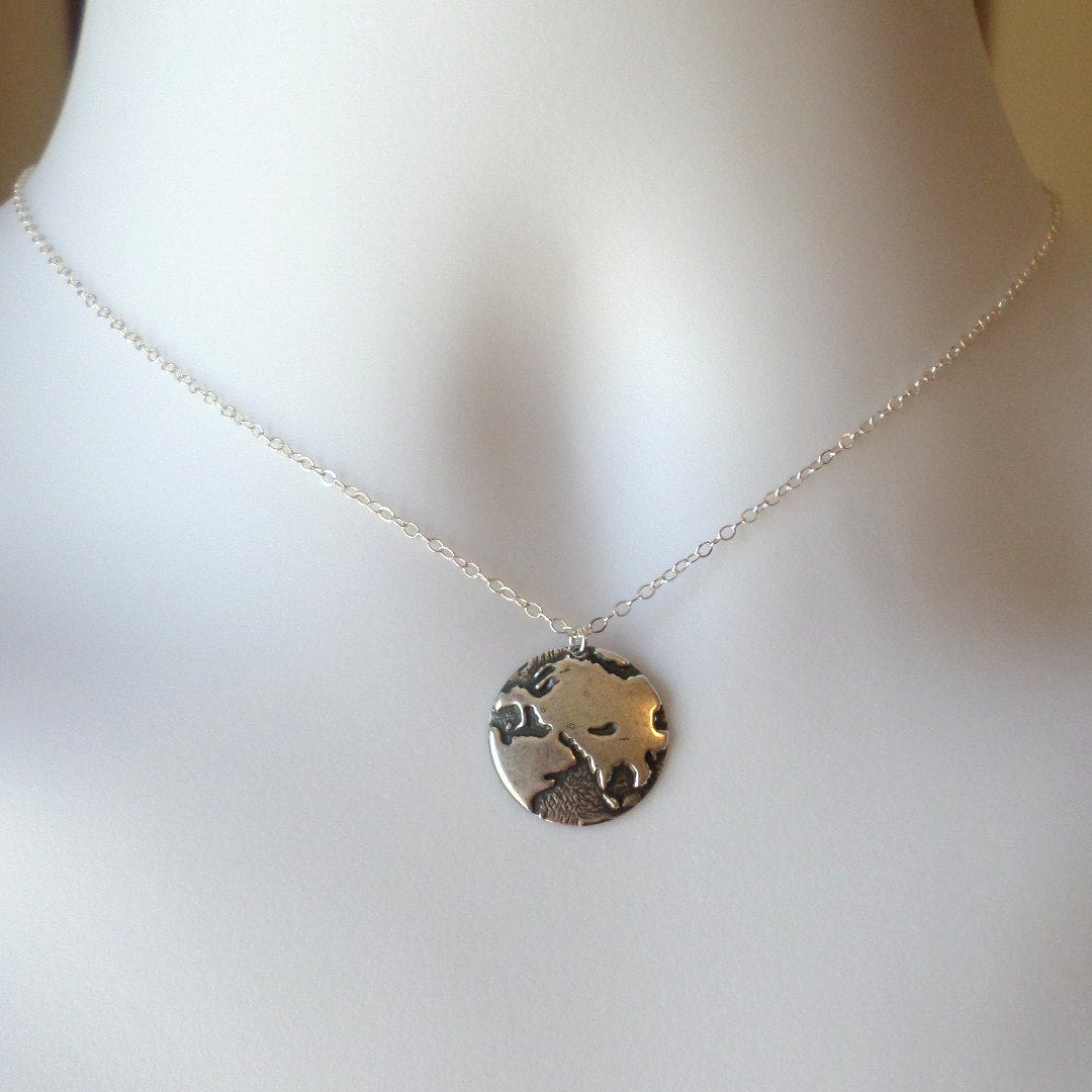 Silver Globe Necklace - Silver Round 1/2 Globe Charm Necklace - European Countries Silver Necklace - Earth Necklace - Christmas Gifts
