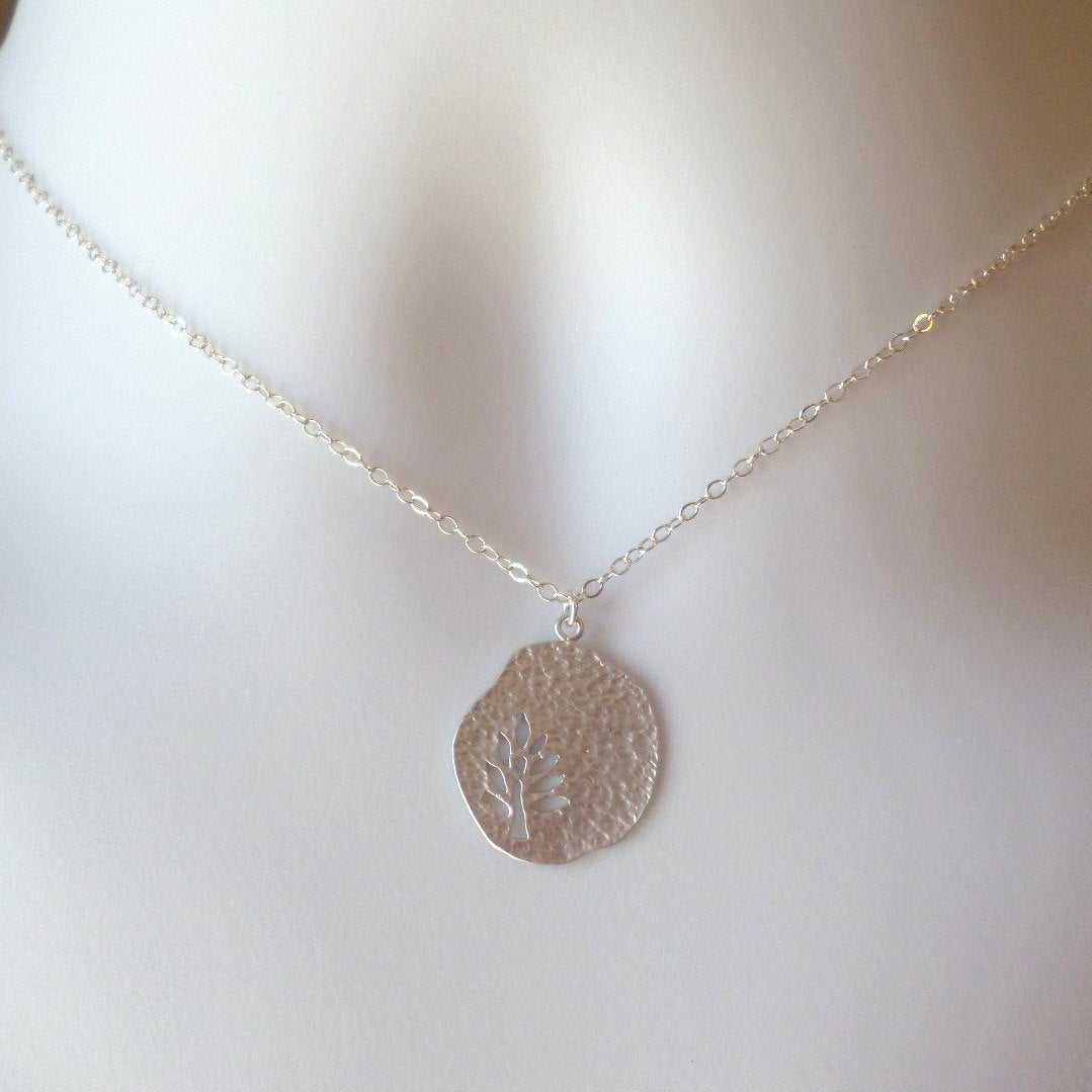 Silver Leaf Cutout Disc Necklace - Silver Disc Necklace - Sterling Silver Disc Necklace - Bridal Gifts - Christmas Gifts - Nature Jewelry