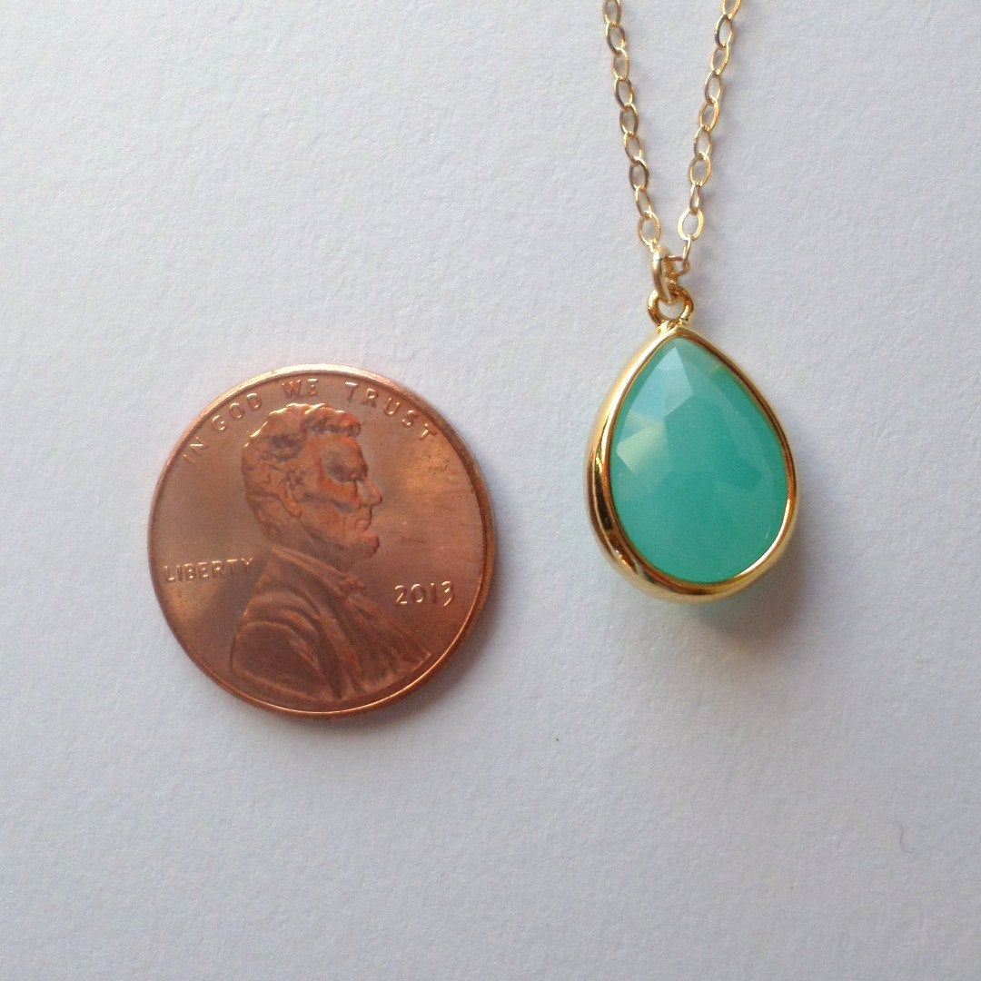 Mint Green and Gold Glass Stone Framed Necklace - Gold Necklace - Charm Necklace - Gold Jewelry - Birthday Gift - Christmas Gift