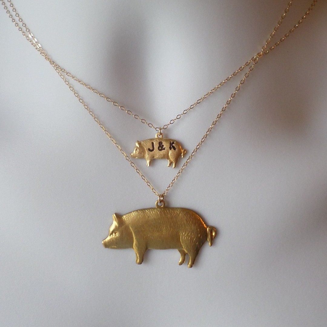 Pig Necklaces - Set of two Gold Pig Necklaces - Pig Necklaces, Gold Filled Necklace, Animal Jewelry, Christmas Gift, Animal Farm