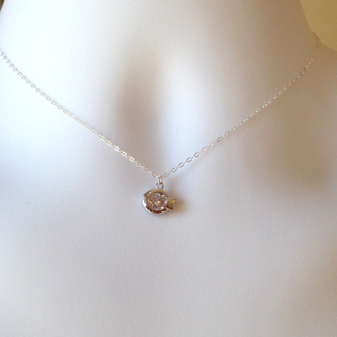 Sterling Silver and Rhodium Plated Fish Necklace - Tiny Silver 3d Fish with Cubic Necklace, Geometric Necklace, Christmas Gift