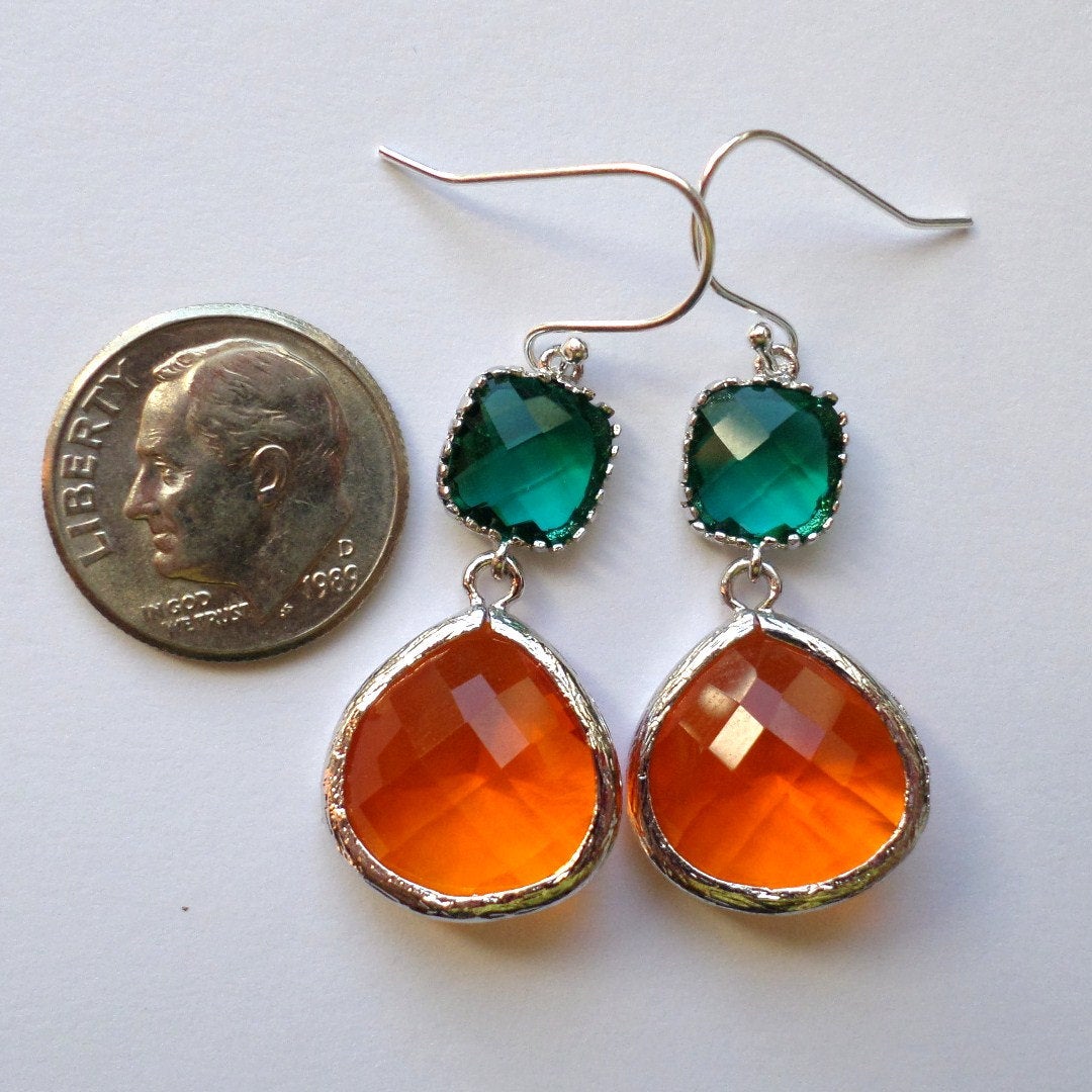 Emerald Earrings - Emerald and Orange Earrings - Silver Earrings - Birthstone Jewelry - Chandelier Earrings - Valentines Day