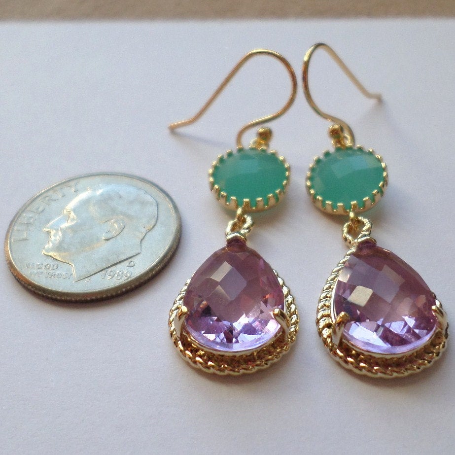 Lavender and Mint Framed Glass Chandelier Earrings - Lavender Earrings - Gold Earrings - Graduation Present - Valentines Day