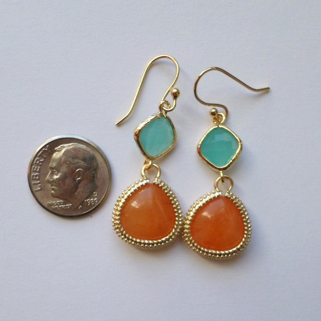 Carnelian and Mint Framed Glass Chandelier Earrings - Carnelian Earrings - Gold Earrings - Graduation Present - Valentines Day