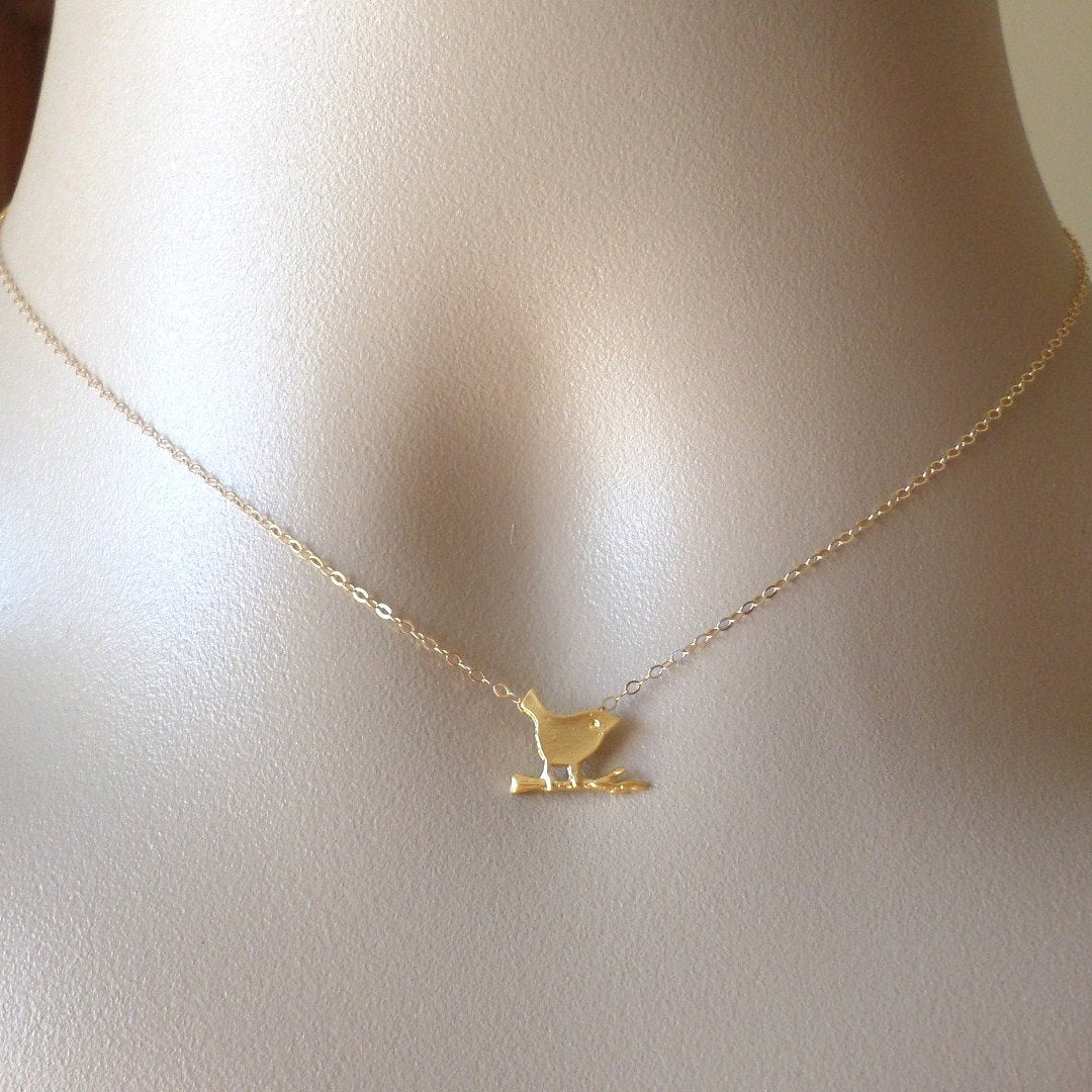 Gold Bird Necklace - Bird on Branch Necklace, Gold Necklace, Mod Bird Necklace, Small Bird Necklace - Bridesmaid Gifts - Mothers Day Gift