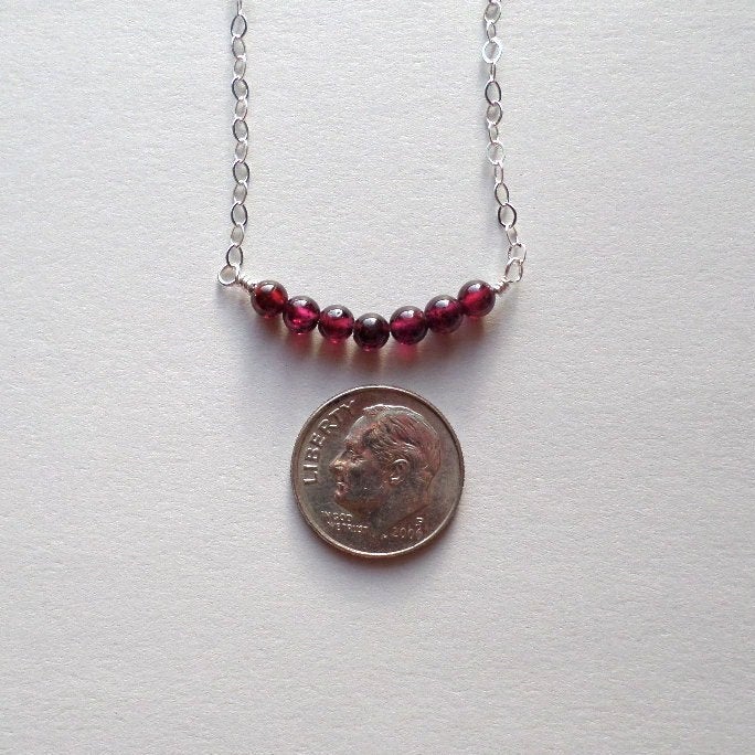 Silver Garnet Necklace - January Birthstone Jewelry - Tiny Sterling Silver Curved Bar Gemstone Necklace - Gemstone Necklace - Mothers Day
