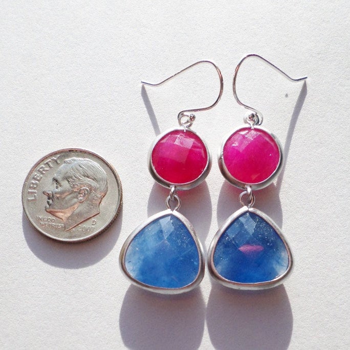 Blue Sapphire and Ruby Gemstone Silver Chandelier Earrings - Blue Earrings - Red Earrings - Silver Earrings - Mothers Day Gift