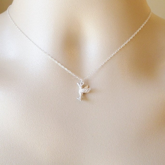 Hummingbird Necklace - Silver Hummingbird Necklace - Jewelry - Sterling Silver and Matte Rhodium Plated Necklace - Bridal - Mothers Day Gift
