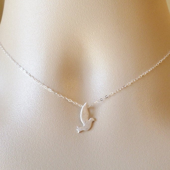 Dove Necklace - Silver Dove or Pigeon Necklace - Jewelry - Sterling Silver and Matte Rhodium Plated Necklace - Bridal - Mothers Day Gift