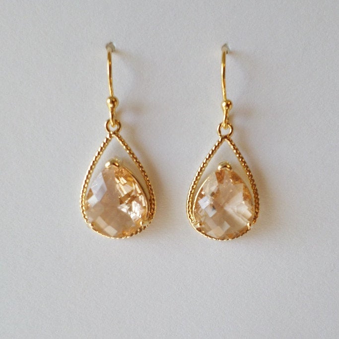 Peach and Gold Chandelier Earrings - Champaigne (Peach) Colored Earrings - Gold Earrings - Birthstone Jewelry - Mothers Day Gift