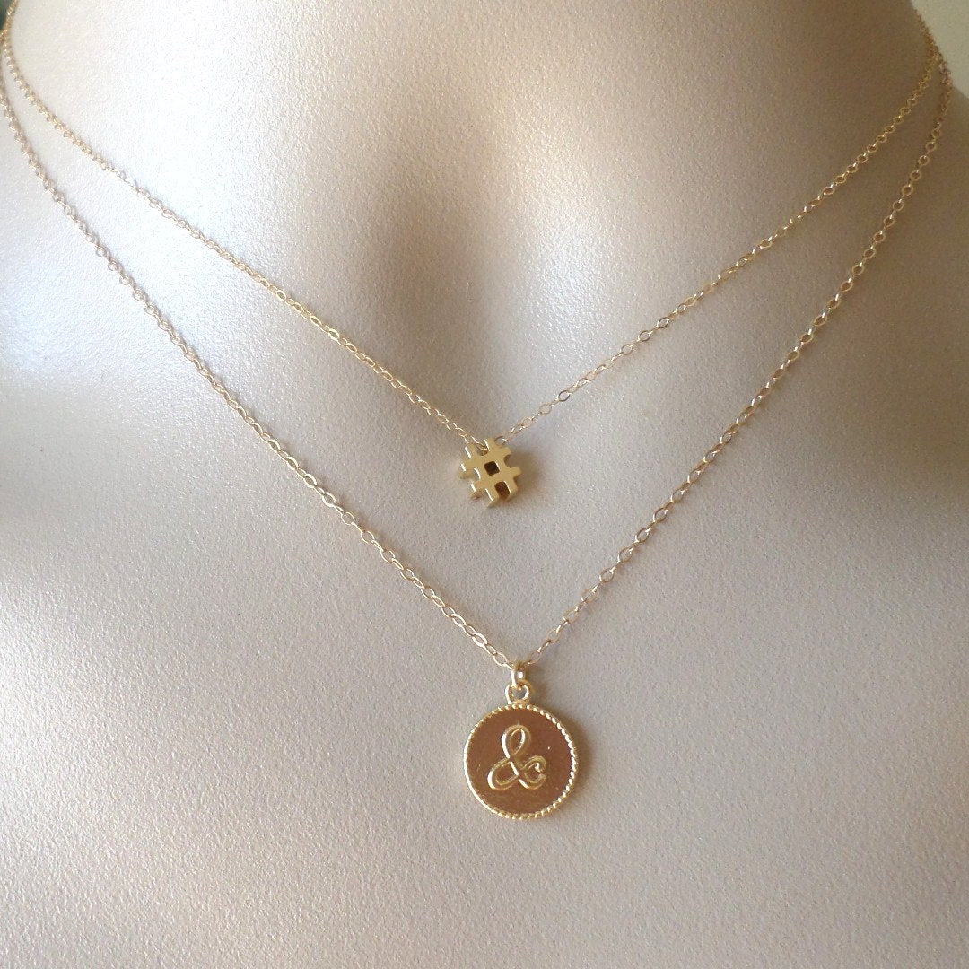 Layering Necklace - Set of Two Gold Necklaces - & and # Gold Necklaces - Number Necklace - Gold Ampersand Necklace - Christmas Gift