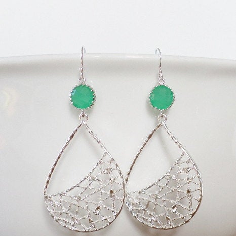 Green and Silver Drop Earrings - Palace Green Earrings - Silver Earrings - Silver Teardrop Earrings - Chandelier Earrings - Mothers Day Gift