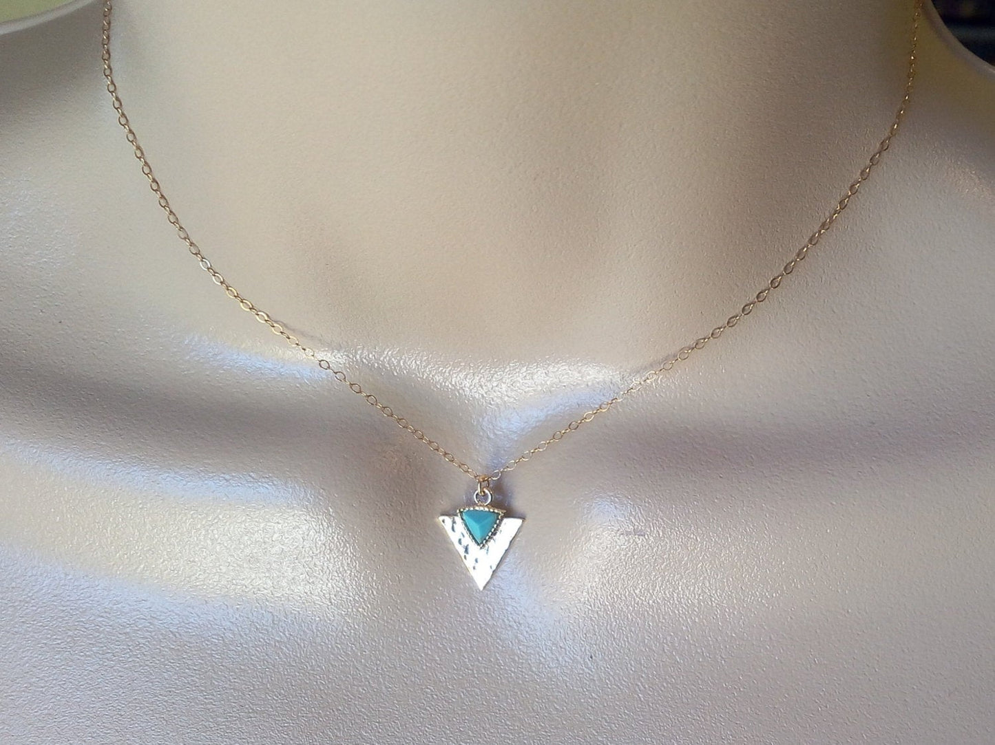 Turquoise Triangle Necklace, Gold Hammered Triangle and Turquoise Necklace, Geometric Necklace, Tiny Necklace, Gold Necklace, Mothers Day