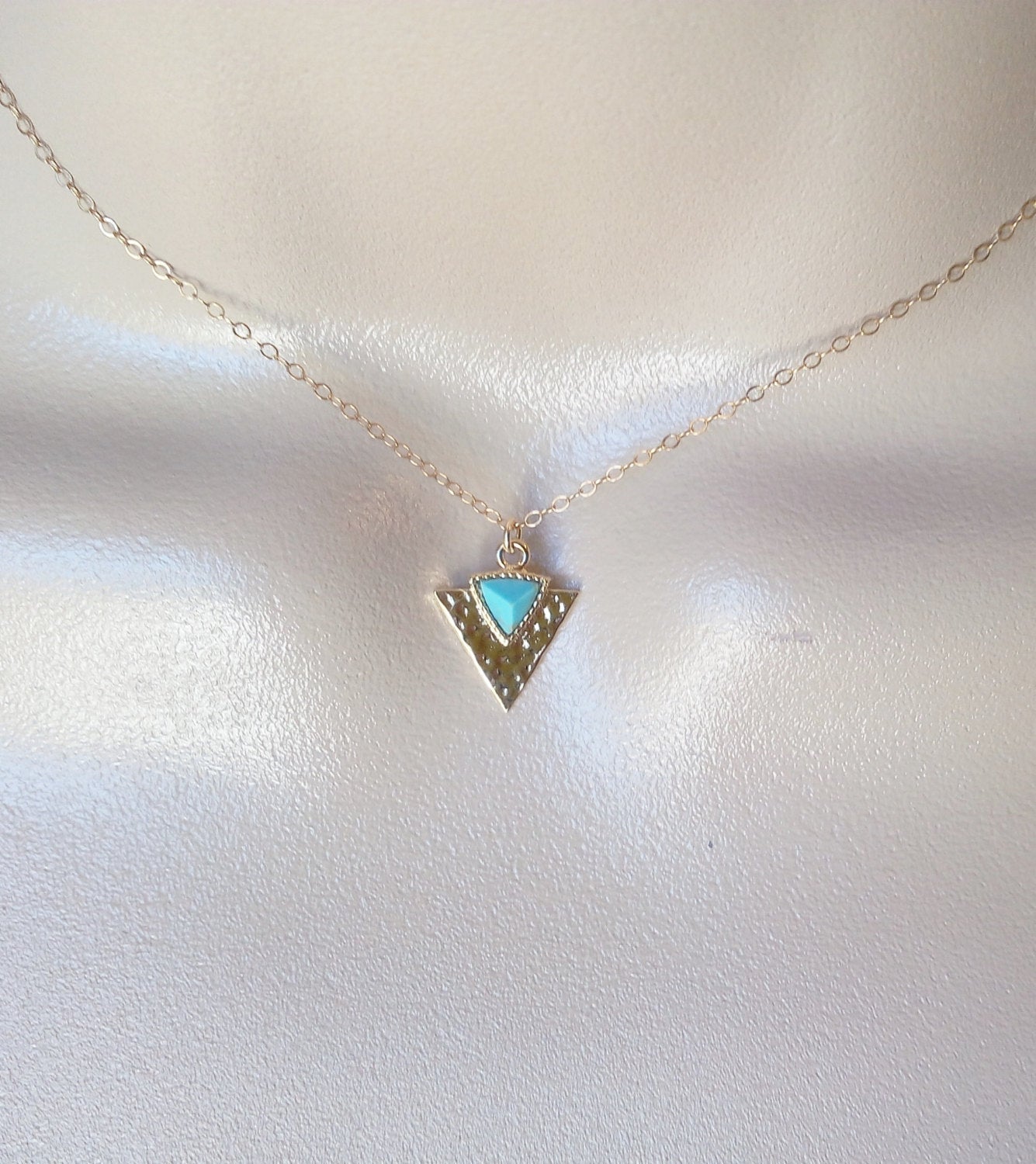Turquoise Triangle Necklace, Gold Hammered Triangle and Turquoise Necklace, Geometric Necklace, Tiny Necklace, Gold Necklace, Mothers Day