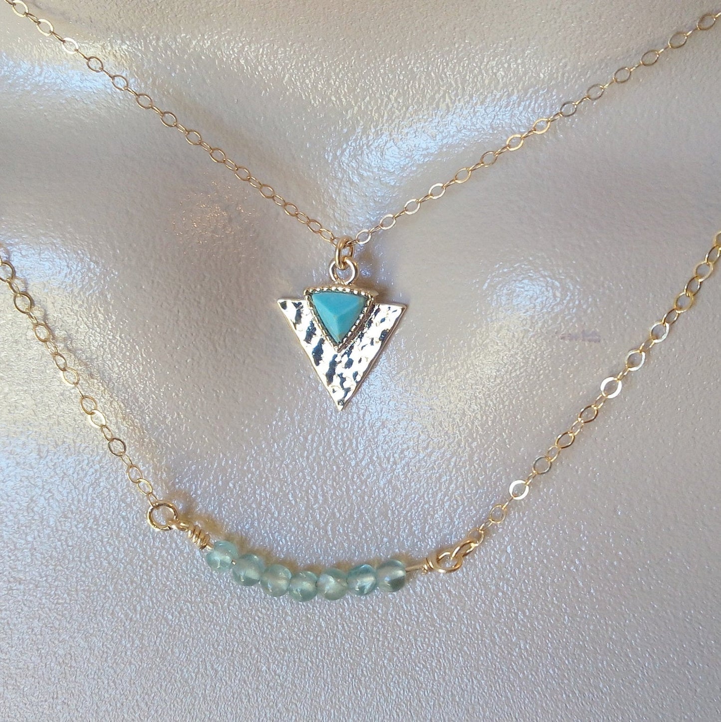 Turquoise Triangle Necklace, Gold Hammered Triangle and Turquoise Necklace, Geometric Necklace, Tiny Necklace, Gold Necklace, Mothers Day