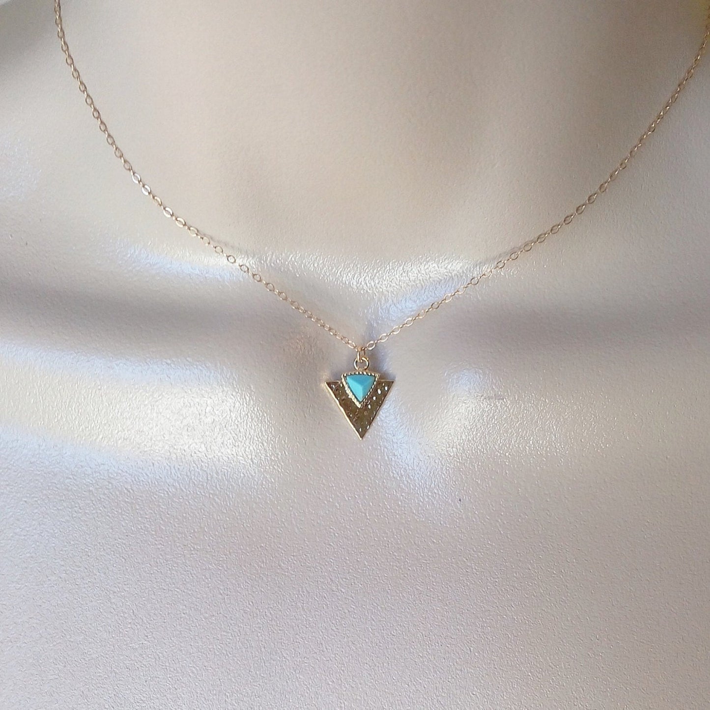 Turquoise Triangle Necklace, Gold Hammered Triangle and Turquoise Necklace, Geometric Necklace, Tiny Necklace, Gold Necklace, Mothers Day