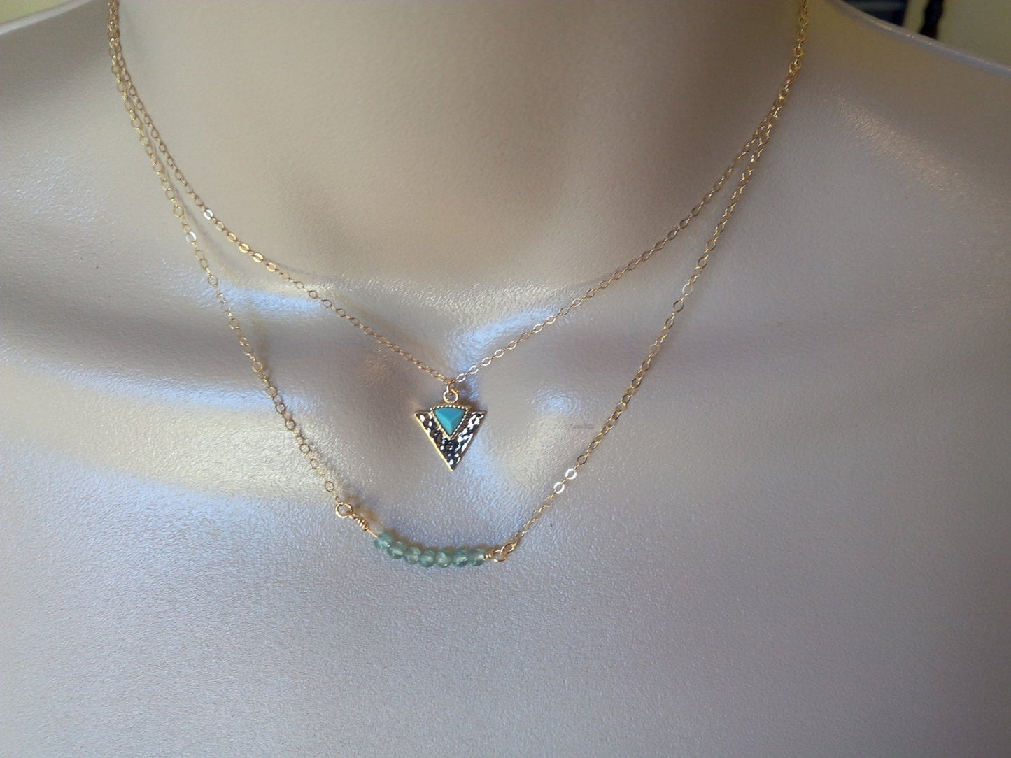 Turquoise Triangle Necklace, Gold Hammered Triangle and Turquoise Necklace, Geometric Necklace, Tiny Necklace, Gold Necklace, Mothers Day