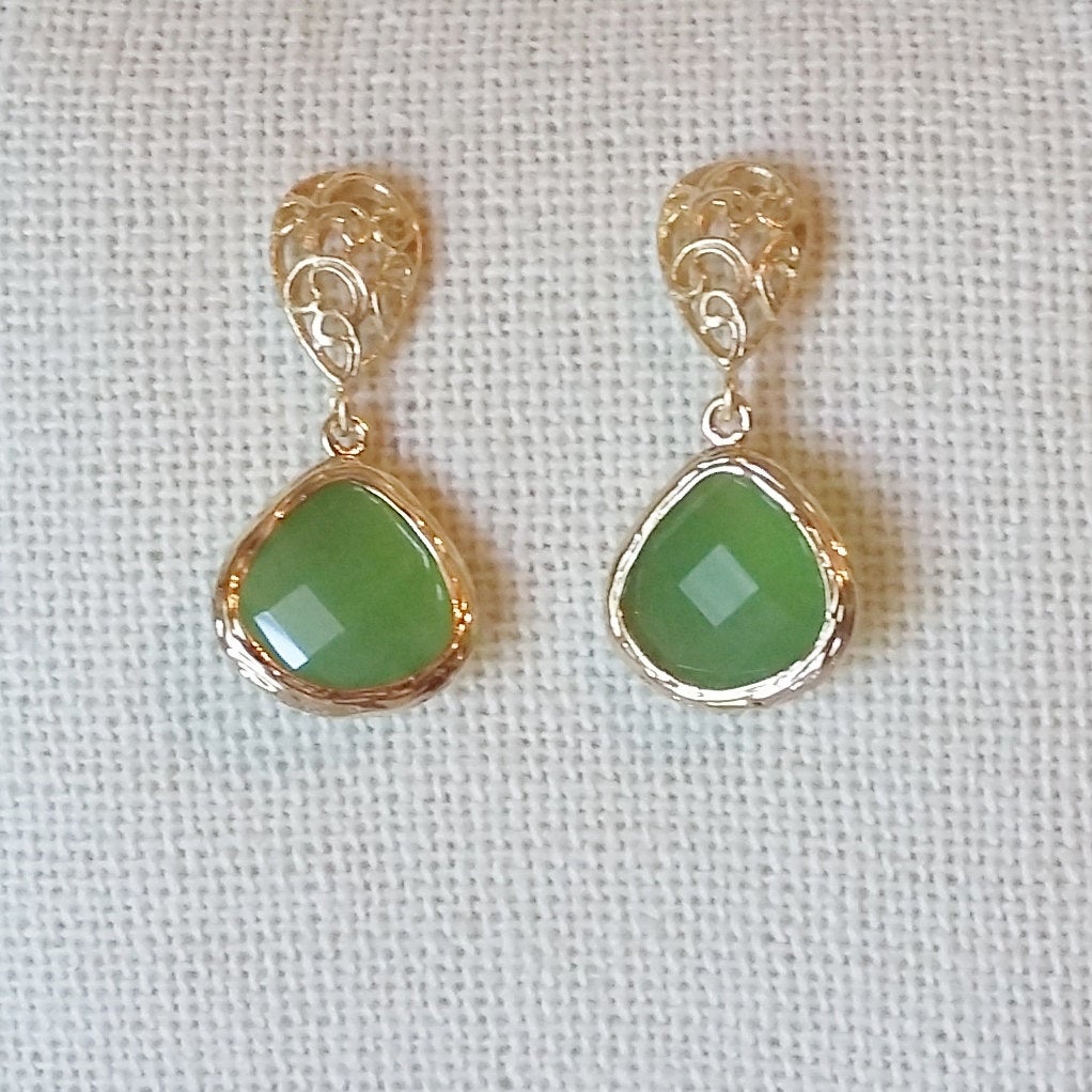 Only One Available - Green Framed Glass Drop Earrings - Green and Gold Earrings - Post Earrings - Graduation Present - Christmas Gift