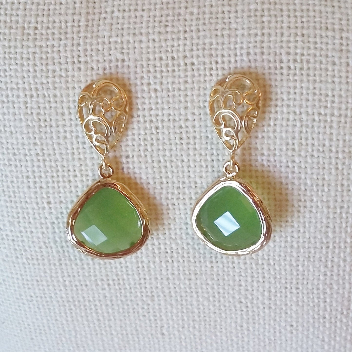 Only One Available - Green Framed Glass Drop Earrings - Green and Gold Earrings - Post Earrings - Graduation Present - Christmas Gift