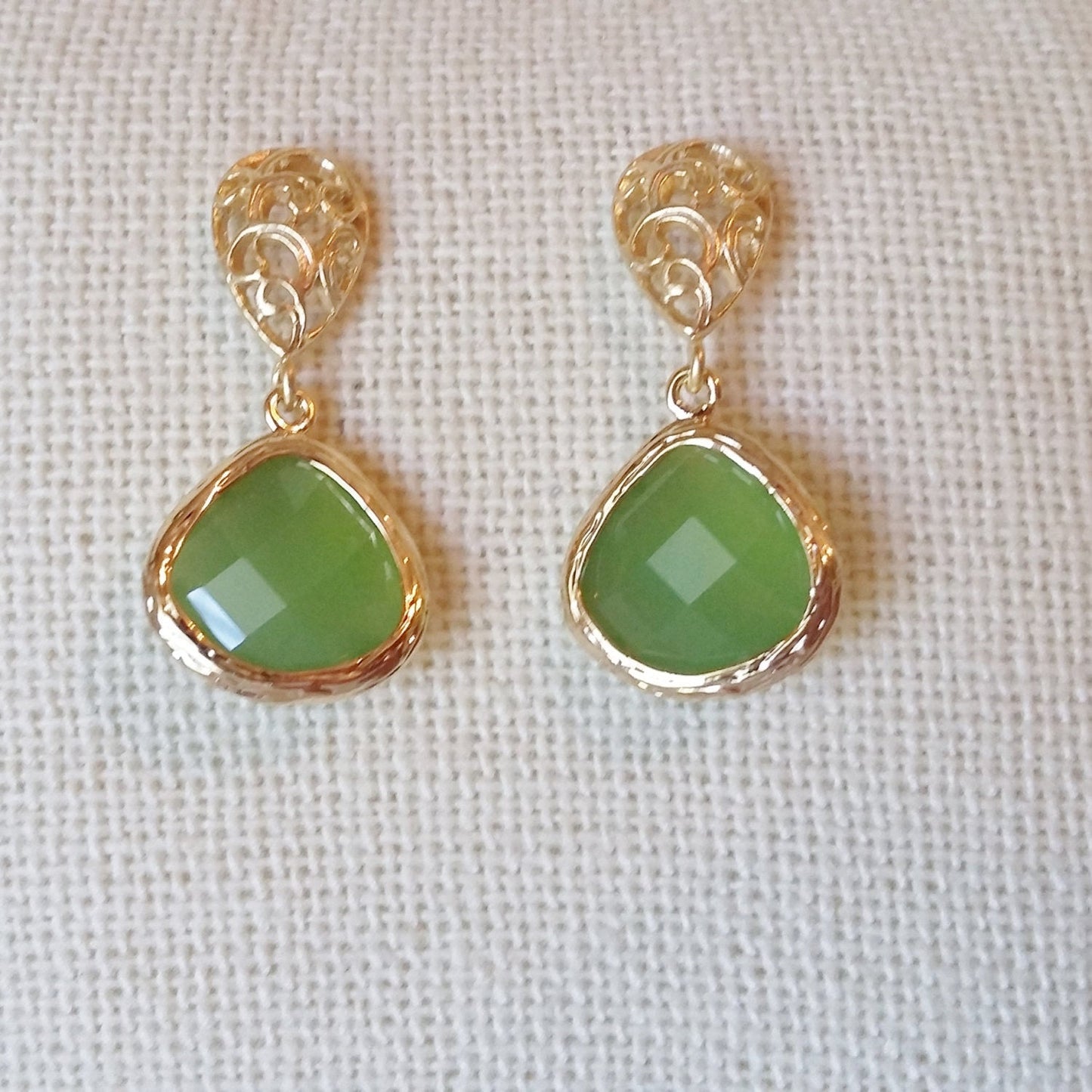 Only One Available - Green Framed Glass Drop Earrings - Green and Gold Earrings - Post Earrings - Graduation Present - Christmas Gift