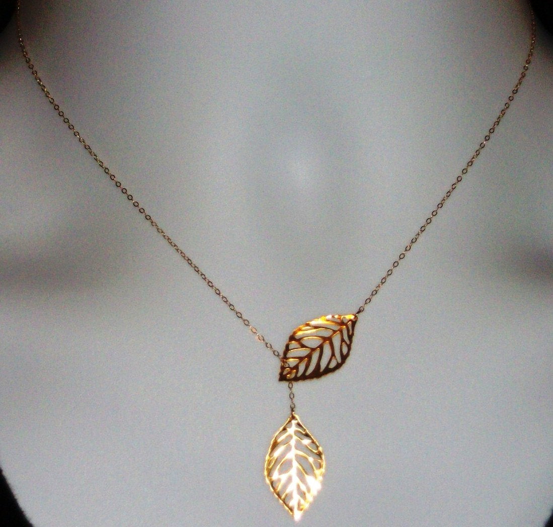 Set of Four - Leaf Lariat Necklace - Gold Leaf Lariat, gold, yellow, Gold filled Leaf Lariat Necklace, Valentines Day, Bridesmaid Gifts,
