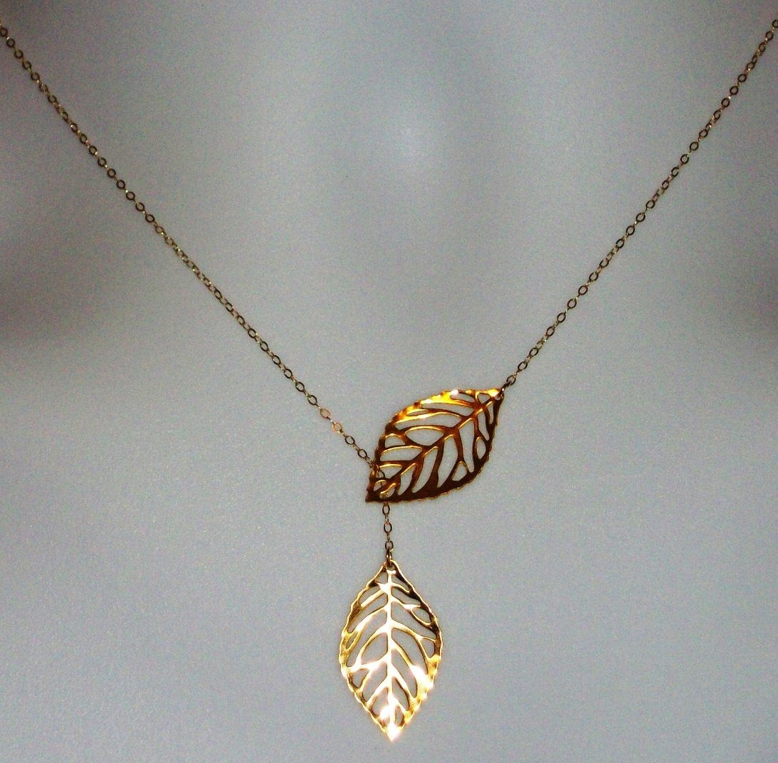 Set of Four - Leaf Lariat Necklace - Gold Leaf Lariat, gold, yellow, Gold filled Leaf Lariat Necklace, Valentines Day, Bridesmaid Gifts,