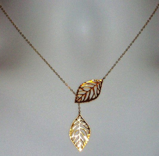 Set of Four - Leaf Lariat Necklace - Gold Leaf Lariat, gold, yellow, Gold filled Leaf Lariat Necklace, Valentines Day, Bridesmaid Gifts,